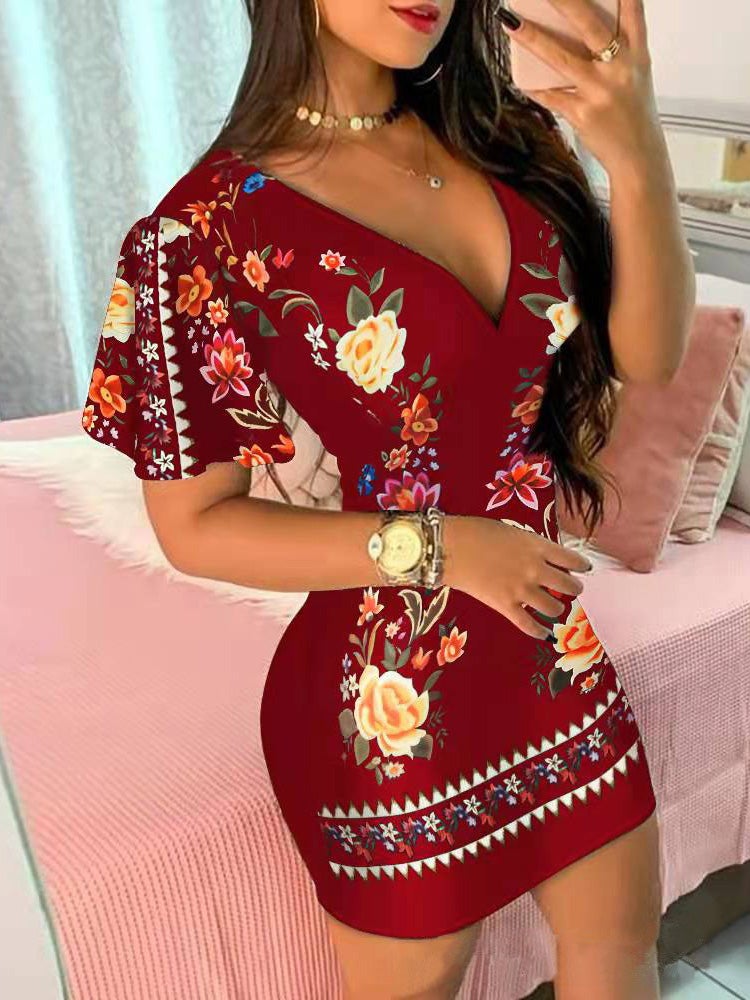 Women's Dresses Deep V-Neck Print Short Sleeve Skinny Dress - Mini Dresses - Instastyled | Online Fashion Free Shipping Clothing, Dresses, Tops, Shoes - 07/01/2022 - 20-30 - color-black