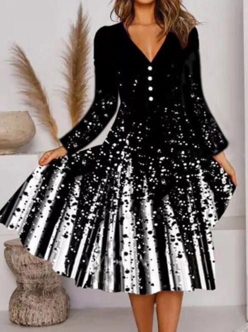 Women's Dresses Deep V-Neck Printed Button Long Sleeve Dress - Midi Dresses - INS | Online Fashion Free Shipping Clothing, Dresses, Tops, Shoes - 07/09/2021 - 20-30 - Category_Midi Dresses