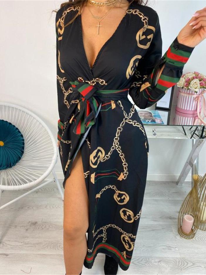 Women's Dresses Deep V-Neck Printed Lace Long Sleeve Dress - Maxi Dresses - INS | Online Fashion Free Shipping Clothing, Dresses, Tops, Shoes - 14/09/2021 - 30-40 - Category_Maxi Dresses