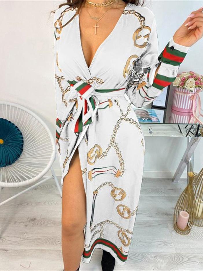 Women's Dresses Deep V-Neck Printed Lace Long Sleeve Dress - Maxi Dresses - INS | Online Fashion Free Shipping Clothing, Dresses, Tops, Shoes - 14/09/2021 - 30-40 - Category_Maxi Dresses
