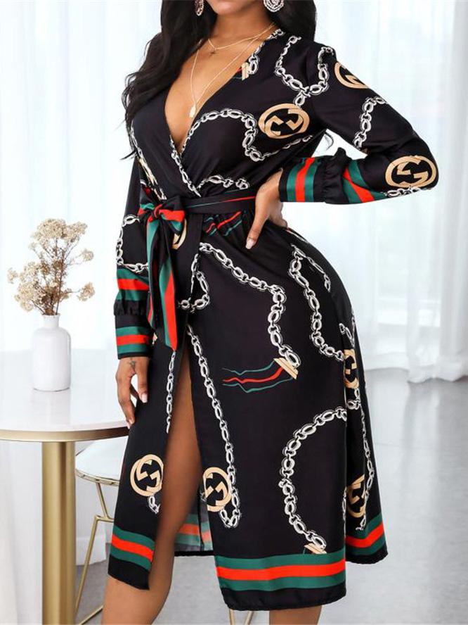 Women's Dresses Deep V-Neck Printed Lace Long Sleeve Dress - Maxi Dresses - INS | Online Fashion Free Shipping Clothing, Dresses, Tops, Shoes - 14/09/2021 - 30-40 - Category_Maxi Dresses