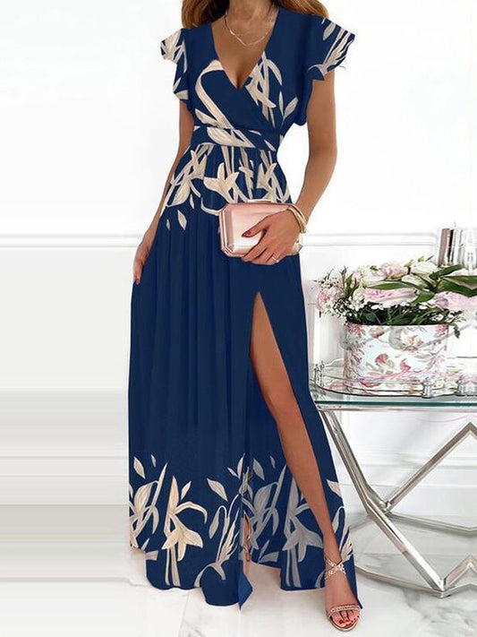Women's Dresses Deep V Neck Printed Slit Dress - Maxi Dresses - Instastyled | Online Fashion Free Shipping Clothing, Dresses, Tops, Shoes - 14/01/2022 - 40-50 - color-blue