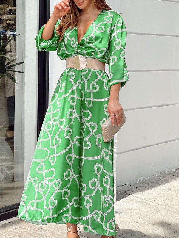 Women's Dresses Deep V-Neck Printed Three-Quarter Sleeve Dress - Maxi Dresses - Instastyled | Online Fashion Free Shipping Clothing, Dresses, Tops, Shoes - 09/02/2022 - color-green - color-khaki