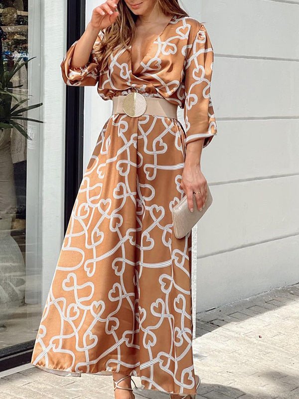 Women's Dresses Deep V-Neck Printed Three-Quarter Sleeve Dress - Maxi Dresses - Instastyled | Online Fashion Free Shipping Clothing, Dresses, Tops, Shoes - 09/02/2022 - color-green - color-khaki