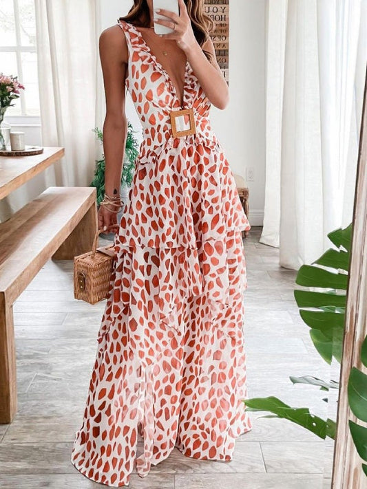 Women's Dresses Deep V Neck Sleeveless Printed Dress - Maxi Dresses - Instastyled | Online Fashion Free Shipping Clothing, Dresses, Tops, Shoes - 15/01/2022 - 40-50 - color-red