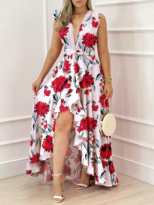 Women's Dresses Deep V Neck Sleeveless Ruffle Irregular Dress - Maxi Dresses - Instastyled | Online Fashion Free Shipping Clothing, Dresses, Tops, Shoes - 21/02/2022 - 40-50 - color-red