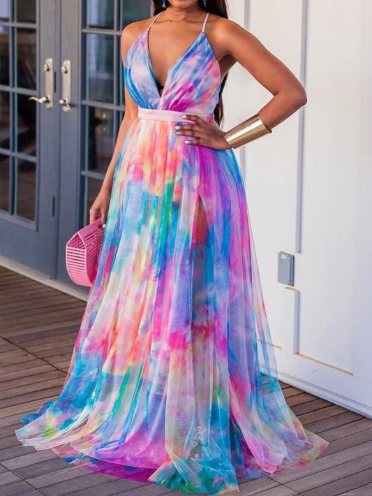 Women's Dresses Fashion Deep V-Neck Sling Tie-Dye Dress - Maxi Dresses - Instastyled | Online Fashion Free Shipping Clothing, Dresses, Tops, Shoes - 05/01/2022 - color-blue - color-dark_blue