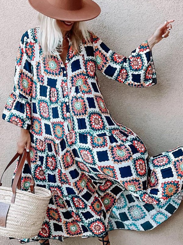 Women's Dresses Fashion Print Flare Sleeve Dress - Maxi Dresses - Instastyled | Online Fashion Free Shipping Clothing, Dresses, Tops, Shoes - 25/02/2022 - 40-50 - color-multi