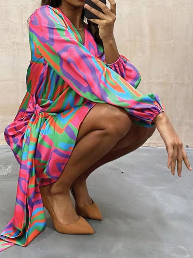 Women's Dresses Fashion Print V-Neck Balloon Sleeve Slit Dress - Mini Dresses - Instastyled | Online Fashion Free Shipping Clothing, Dresses, Tops, Shoes - 16/02/2022 - 40-50 - color-red