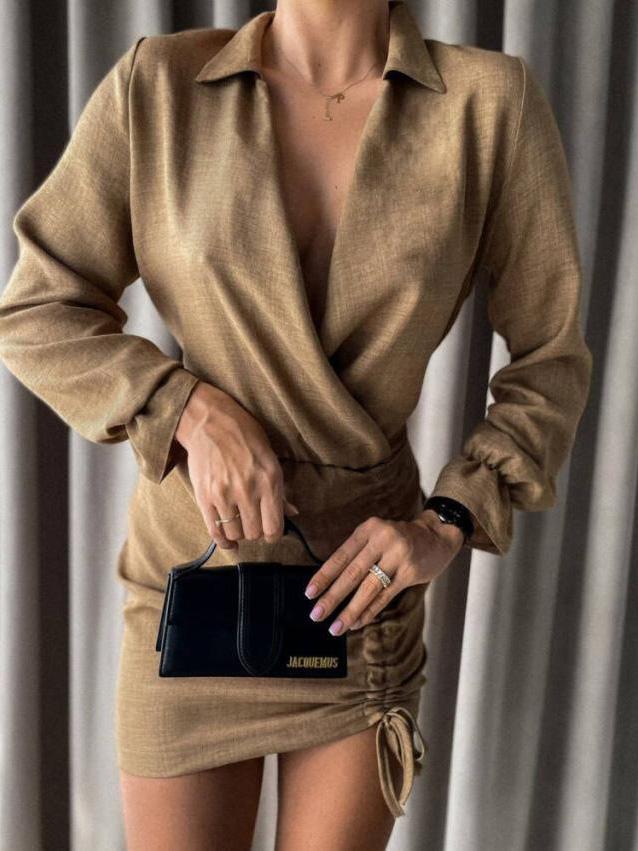 Women's Dresses Fashion V-Neck Long Sleeve Drawstring Dress - Mini Dresses - Instastyled | Online Fashion Free Shipping Clothing, Dresses, Tops, Shoes - 10/12/2021 - 30-40 - color-apricot