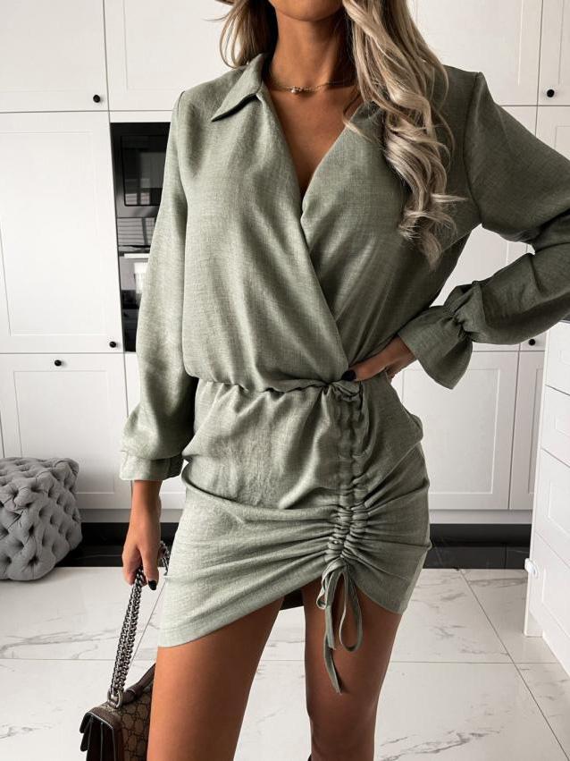 Women's Dresses Fashion V-Neck Long Sleeve Drawstring Dress - Mini Dresses - Instastyled | Online Fashion Free Shipping Clothing, Dresses, Tops, Shoes - 10/12/2021 - 30-40 - color-apricot