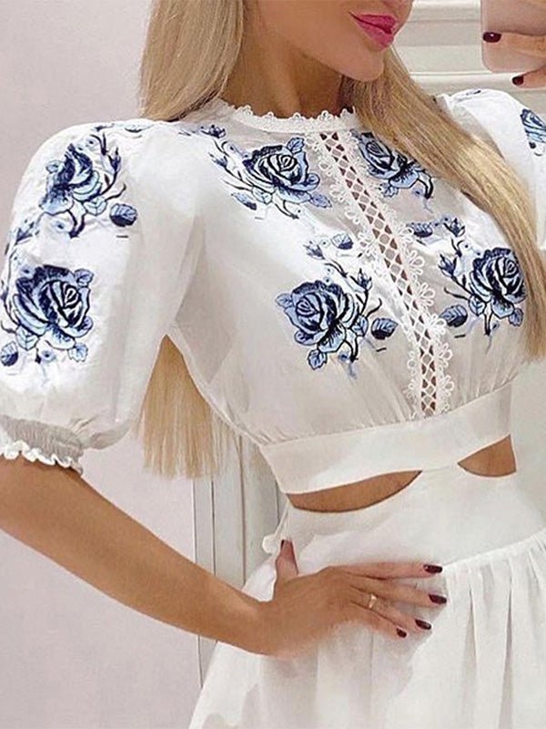 Women's Dresses Floral Print Lace Hollow Short Sleeve Dress - Mini Dresses - Instastyled | Online Fashion Free Shipping Clothing, Dresses, Tops, Shoes - 21/02/2022 - color-white - Color_White