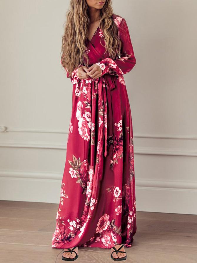 Women's Dresses Floral Print V-Neck Tie Long Sleeve Dress - Maxi Dresses - INS | Online Fashion Free Shipping Clothing, Dresses, Tops, Shoes - 08/09/2021 - 30-40 - Category_Maxi Dresses