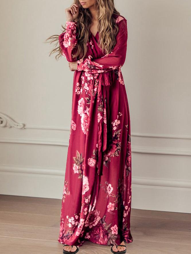 Women's Dresses Floral Print V-Neck Tie Long Sleeve Dress - Maxi Dresses - INS | Online Fashion Free Shipping Clothing, Dresses, Tops, Shoes - 08/09/2021 - 30-40 - Category_Maxi Dresses
