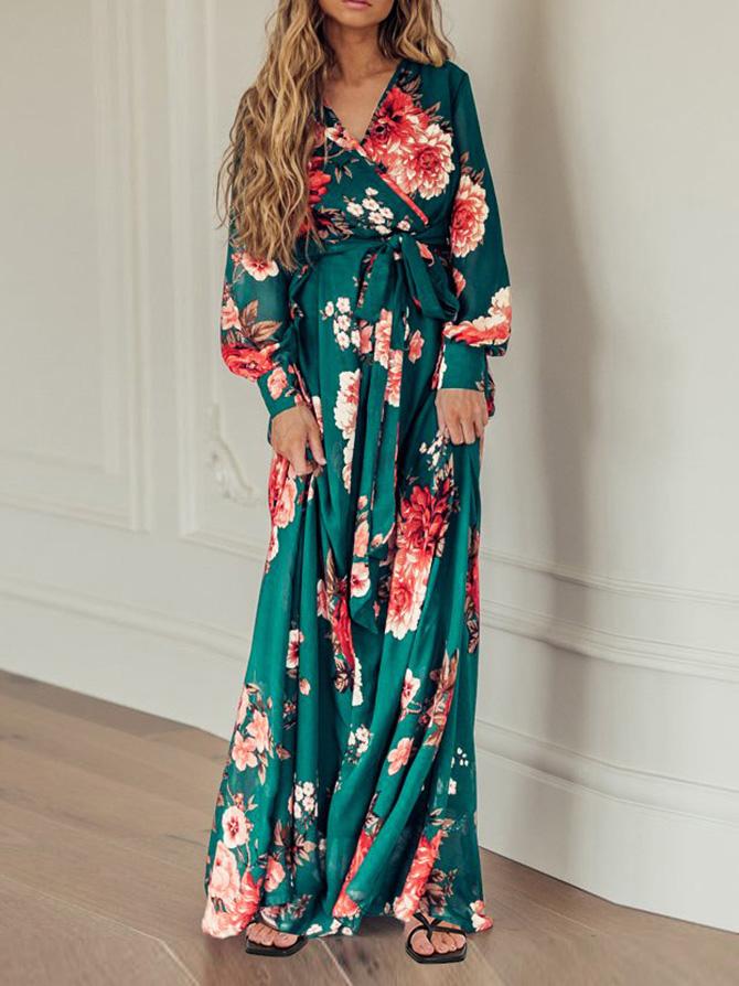 Women's Dresses Floral Print V-Neck Tie Long Sleeve Dress - Maxi Dresses - INS | Online Fashion Free Shipping Clothing, Dresses, Tops, Shoes - 08/09/2021 - 30-40 - Category_Maxi Dresses