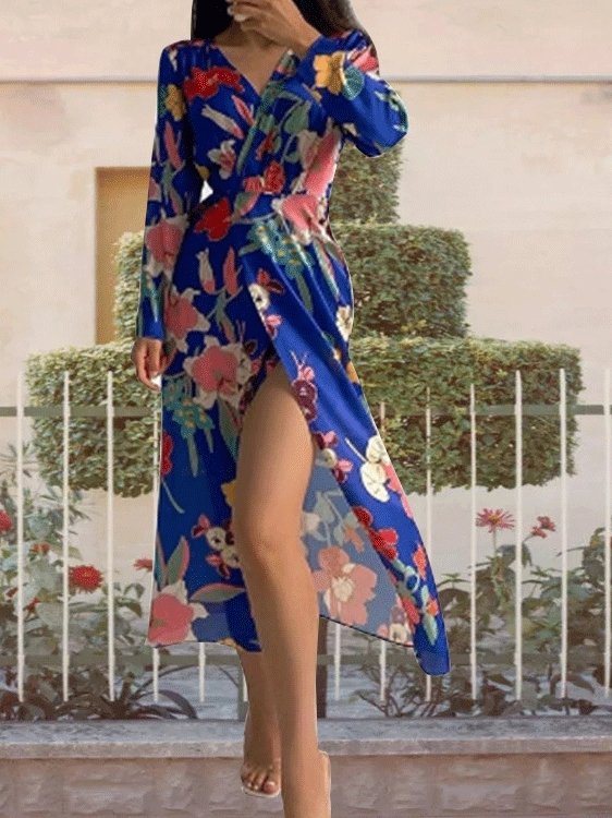 Women's Dresses Floral V-Neck Commuter Long Sleeve Dress - Midi Dresses - INS | Online Fashion Free Shipping Clothing, Dresses, Tops, Shoes - 28/09/2021 - Color_Multicolor - DRE2109282692