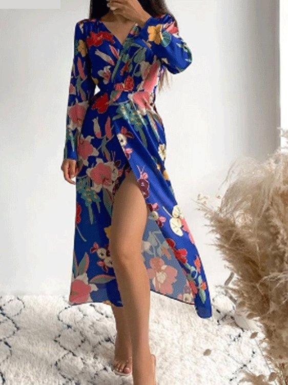 Women's Dresses Floral V-Neck Commuter Long Sleeve Dress - Midi Dresses - INS | Online Fashion Free Shipping Clothing, Dresses, Tops, Shoes - 28/09/2021 - Color_Multicolor - DRE2109282692