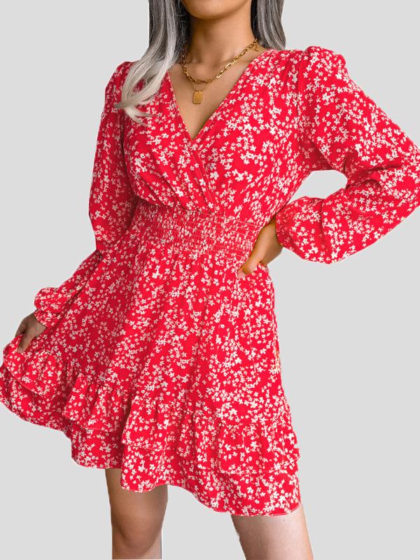 Women's Dresses Floral V-Neck Long Sleeve Mini Dress - Mini Dresses - Instastyled | Online Fashion Free Shipping Clothing, Dresses, Tops, Shoes - 09/12/2021 - 20-30 - color-green