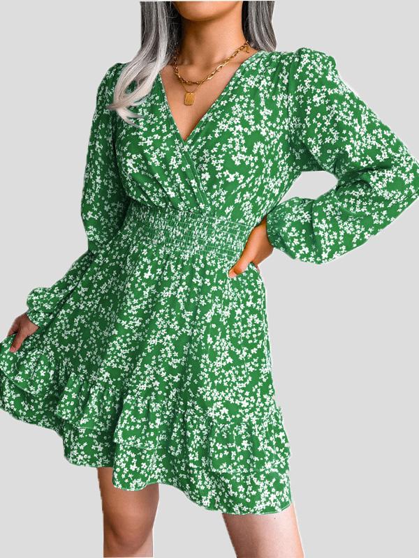 Women's Dresses Floral V-Neck Long Sleeve Mini Dress - Mini Dresses - Instastyled | Online Fashion Free Shipping Clothing, Dresses, Tops, Shoes - 09/12/2021 - 20-30 - color-green