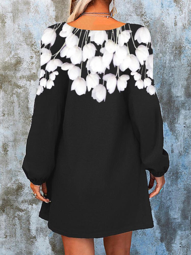 Women's Dresses Flower V-Neck Long Sleeve Mini Dress - Mini Dresses - INS | Online Fashion Free Shipping Clothing, Dresses, Tops, Shoes - 18/10/2021 - 20-30 - color-black