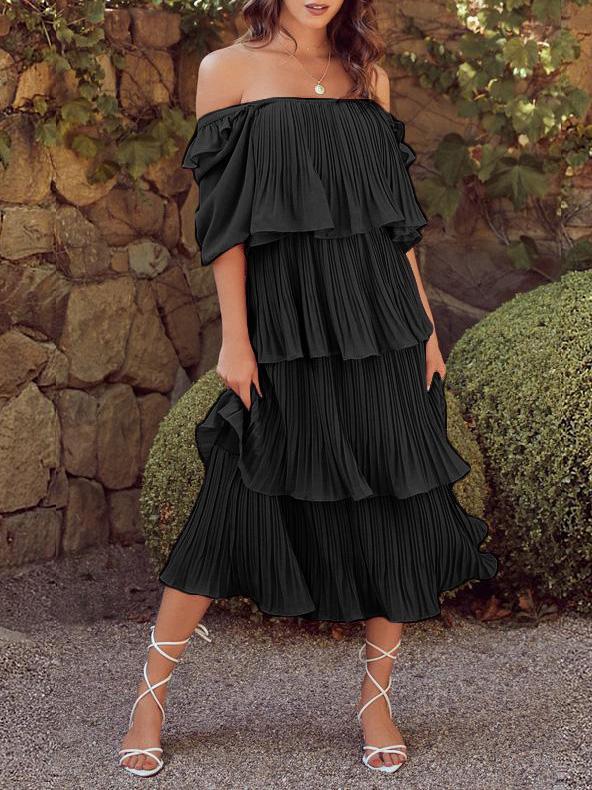 Women's Dresses Flowy Pleated Short Sleeve Cake Dress - Maxi Dresses - Instastyled | Online Fashion Free Shipping Clothing, Dresses, Tops, Shoes - 15/12/2021 - Color_Black - Color_Blue