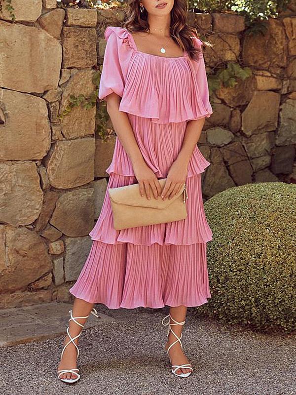 Women's Dresses Flowy Pleated Short Sleeve Cake Dress - Maxi Dresses - Instastyled | Online Fashion Free Shipping Clothing, Dresses, Tops, Shoes - 15/12/2021 - Color_Black - Color_Blue