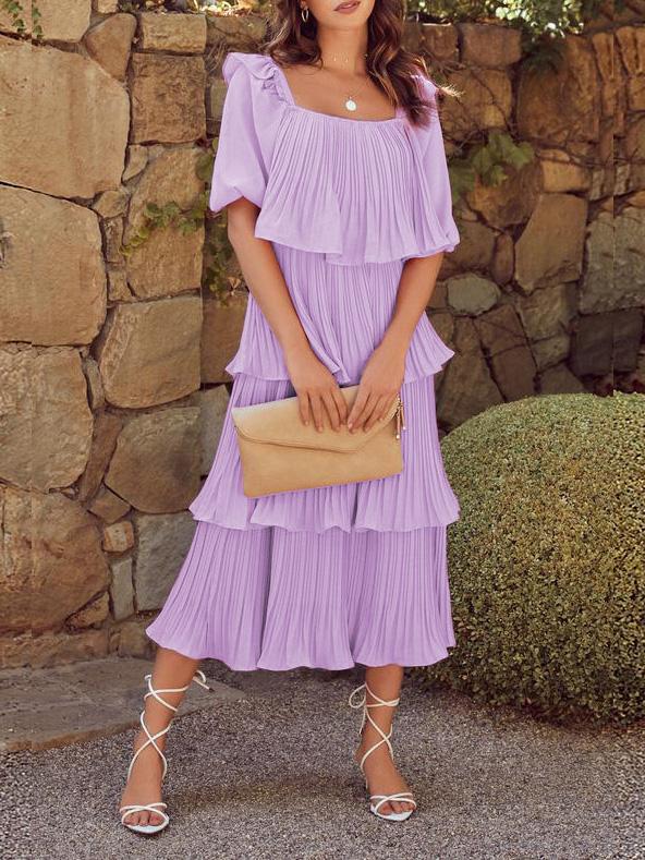 Women's Dresses Flowy Pleated Short Sleeve Cake Dress - Maxi Dresses - Instastyled | Online Fashion Free Shipping Clothing, Dresses, Tops, Shoes - 15/12/2021 - Color_Black - Color_Blue