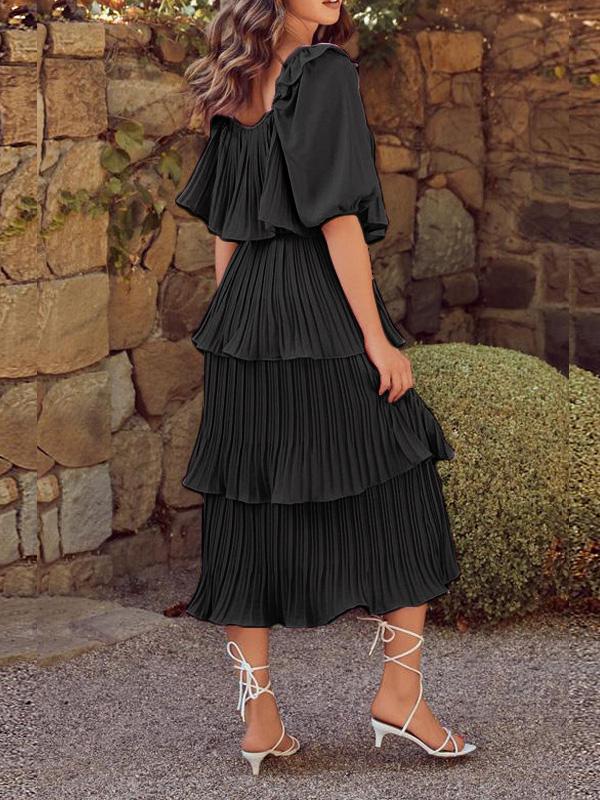 Women's Dresses Flowy Pleated Short Sleeve Cake Dress - Maxi Dresses - Instastyled | Online Fashion Free Shipping Clothing, Dresses, Tops, Shoes - 15/12/2021 - Color_Black - Color_Blue