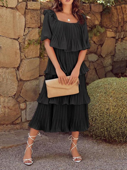 Women's Dresses Flowy Pleated Short Sleeve Cake Dress - Maxi Dresses - Instastyled | Online Fashion Free Shipping Clothing, Dresses, Tops, Shoes - 15/12/2021 - Color_Black - Color_Blue