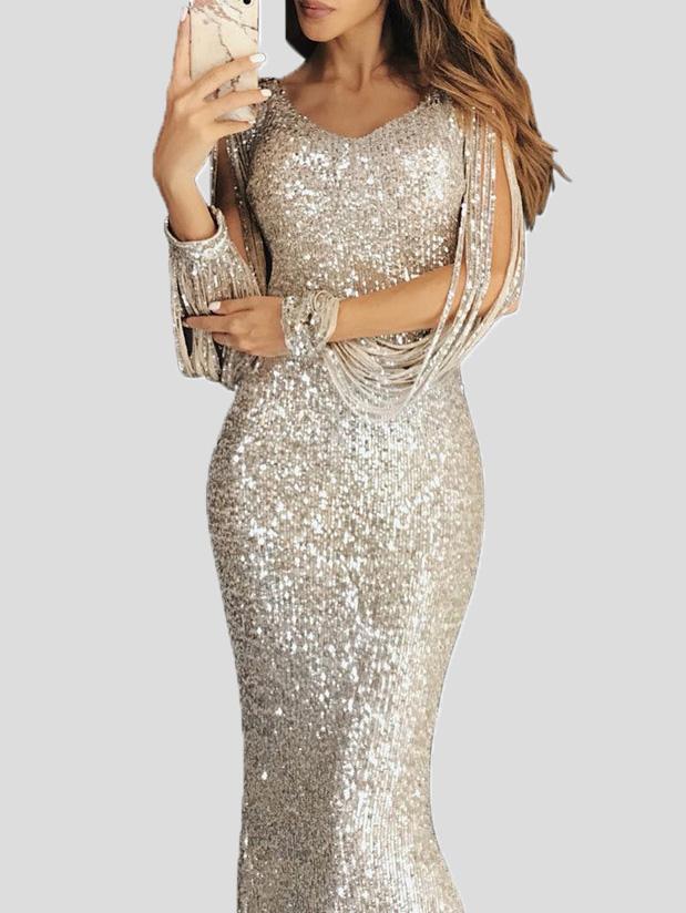 Women's Dresses Fringed Long Sleeve Wrap Evening Dress - Maxi Dresses - INS | Online Fashion Free Shipping Clothing, Dresses, Tops, Shoes - 29/11/2021 - 40-50 - color-black