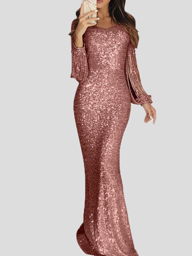 Women's Dresses Fringed Long Sleeve Wrap Evening Dress - Maxi Dresses - INS | Online Fashion Free Shipping Clothing, Dresses, Tops, Shoes - 29/11/2021 - 40-50 - color-black
