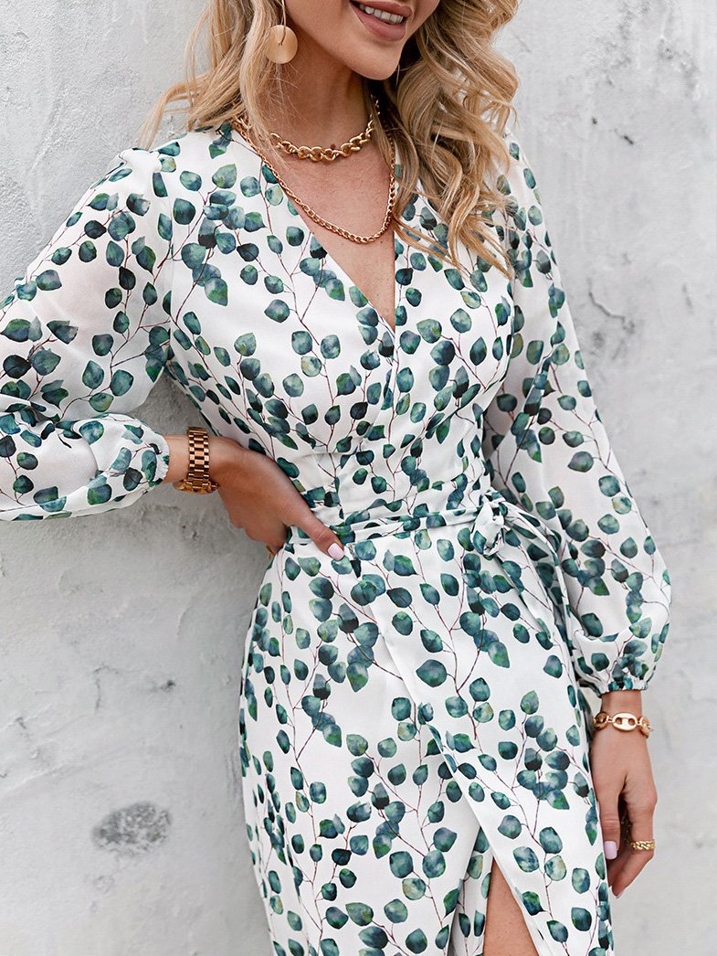Women's Dresses Green Leaf Print Long Sleeve Lace-Up Dress - Midi Dresses - INS | Online Fashion Free Shipping Clothing, Dresses, Tops, Shoes - 30-40 - Category_Midi Dresses - color-white