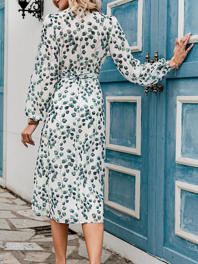 Women's Dresses Green Leaf Print Long Sleeve Lace-Up Dress - Midi Dresses - INS | Online Fashion Free Shipping Clothing, Dresses, Tops, Shoes - 30-40 - Category_Midi Dresses - color-white