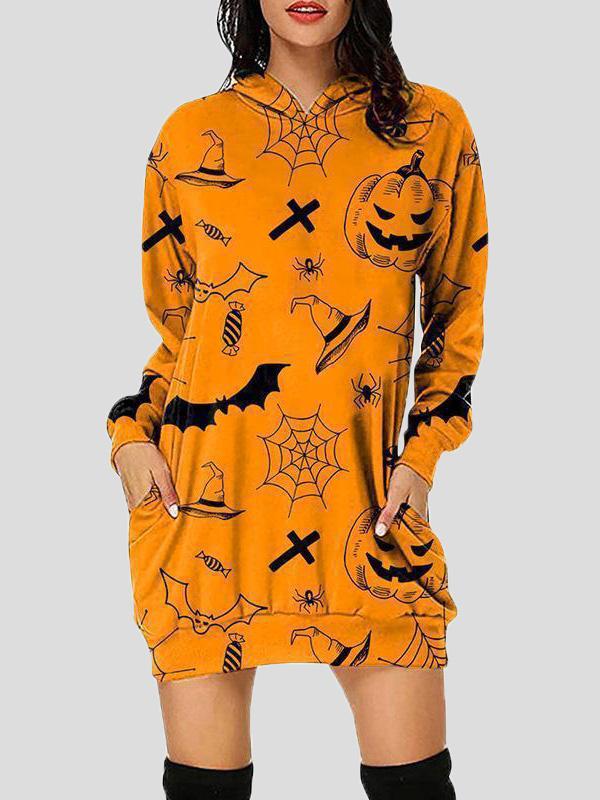 Women's Dresses Halloween Print Hooded Pocket Long Sleeve Dress - Mini Dresses - INS | Online Fashion Free Shipping Clothing, Dresses, Tops, Shoes - 18/09/2021 - 20-30 - Category_Mini Dresses