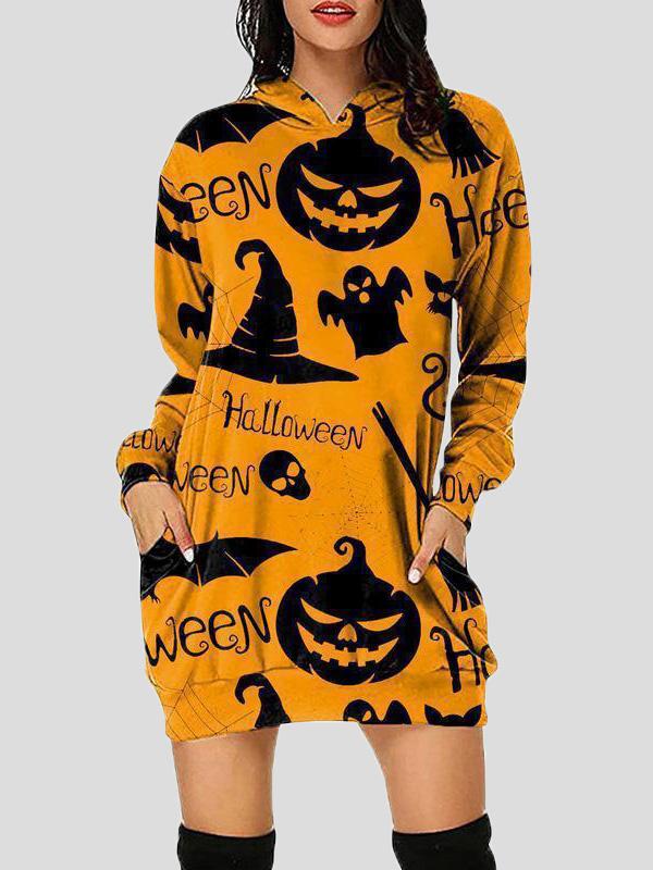Women's Dresses Halloween Print Hooded Pocket Long Sleeve Dress - Mini Dresses - INS | Online Fashion Free Shipping Clothing, Dresses, Tops, Shoes - 18/09/2021 - 20-30 - Category_Mini Dresses