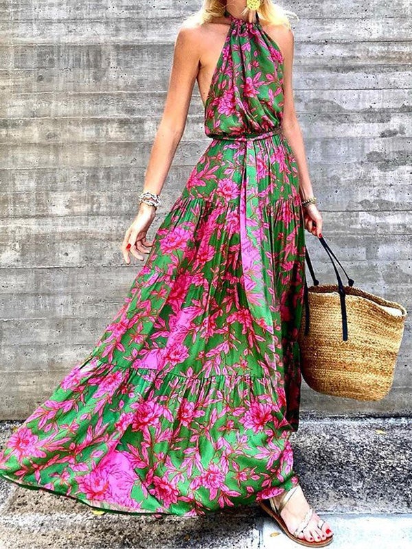 Women's Dresses Halter Floral Print Bare Back Dress - Maxi Dresses - Instastyled | Online Fashion Free Shipping Clothing, Dresses, Tops, Shoes - 06/01/2022 - 40-50 - color-green
