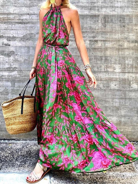 Women's Dresses Halter Floral Print Bare Back Dress - Maxi Dresses - Instastyled | Online Fashion Free Shipping Clothing, Dresses, Tops, Shoes - 06/01/2022 - 40-50 - color-green