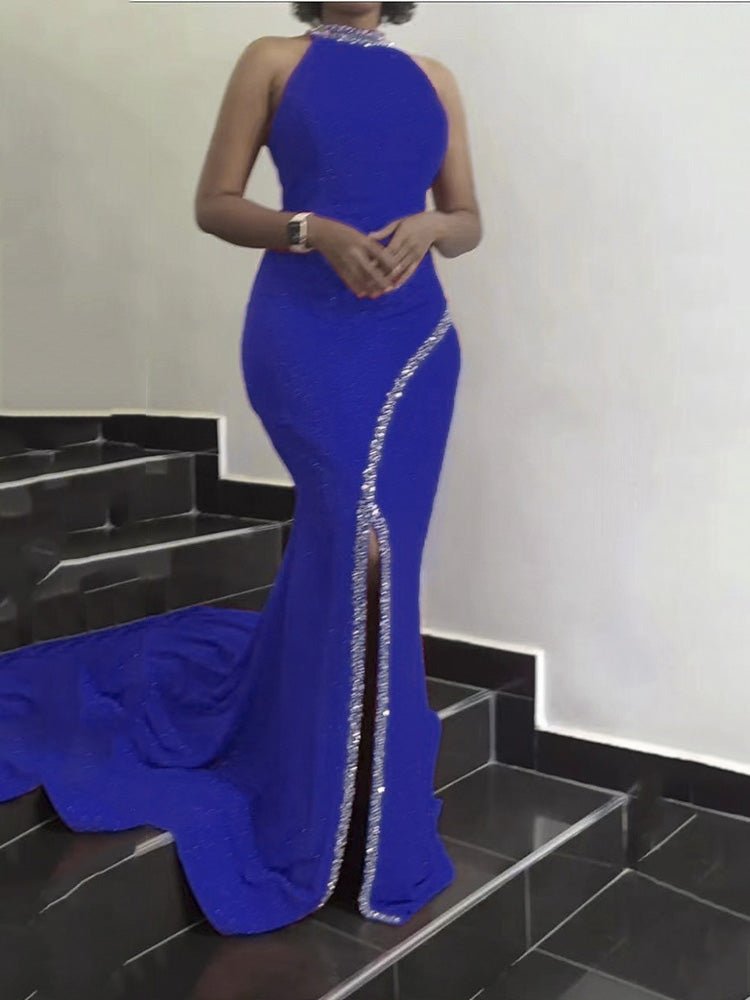 Women's Dresses Hanging Neck Hot Diamond Sleeveless Slit Dress - Maxi Dresses - Instastyled | Online Fashion Free Shipping Clothing, Dresses, Tops, Shoes - 24/02/2022 - color-blue - color-light-white