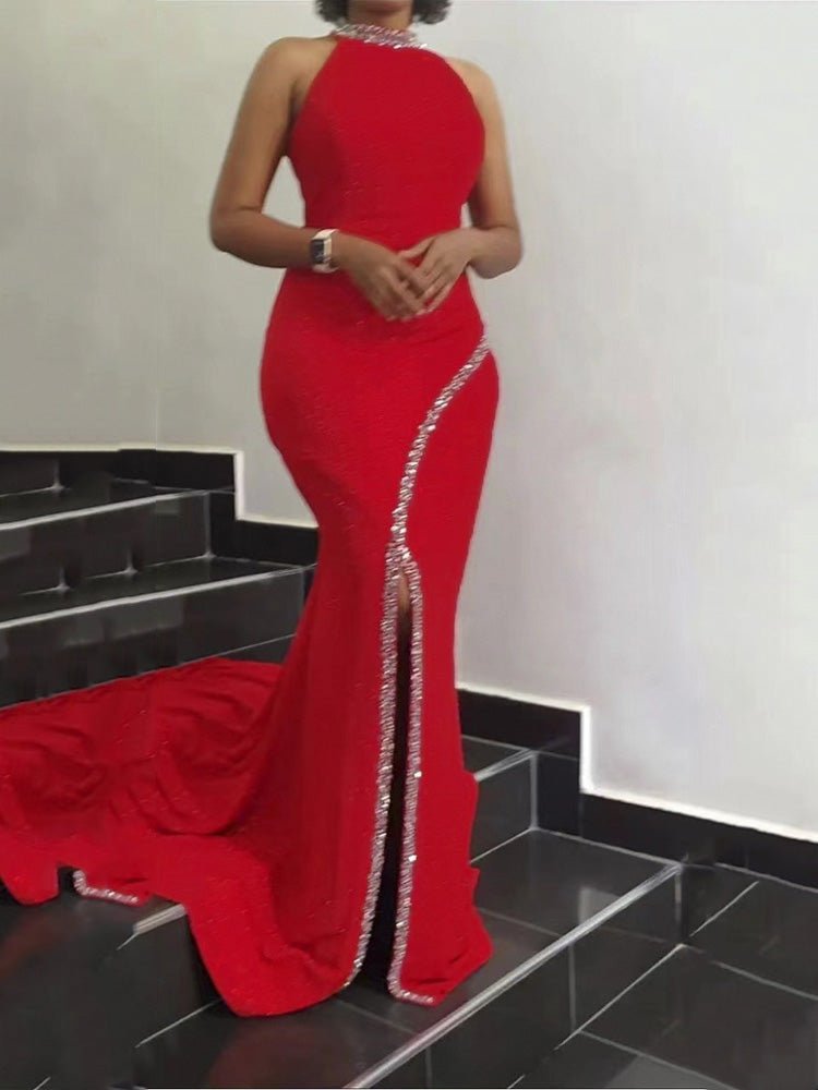 Women's Dresses Hanging Neck Hot Diamond Sleeveless Slit Dress - Maxi Dresses - Instastyled | Online Fashion Free Shipping Clothing, Dresses, Tops, Shoes - 24/02/2022 - color-blue - color-light-white