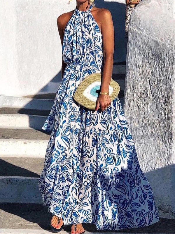 Women's Dresses Hanging Neck Vintage Print Maxi Dress - Maxi Dresses - Instastyled | Online Fashion Free Shipping Clothing, Dresses, Tops, Shoes - 19/01/2022 - 40-50 - color-blue