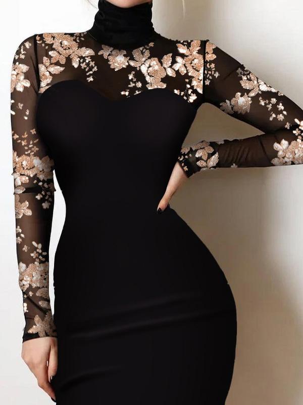 Women's Dresses High-Neck Lace Stitching Long Sleeve Tight Dress - Mini Dresses - Instastyled | Online Fashion Free Shipping Clothing, Dresses, Tops, Shoes - 06/12/2021 - 20-30 - Bodycon Dresses