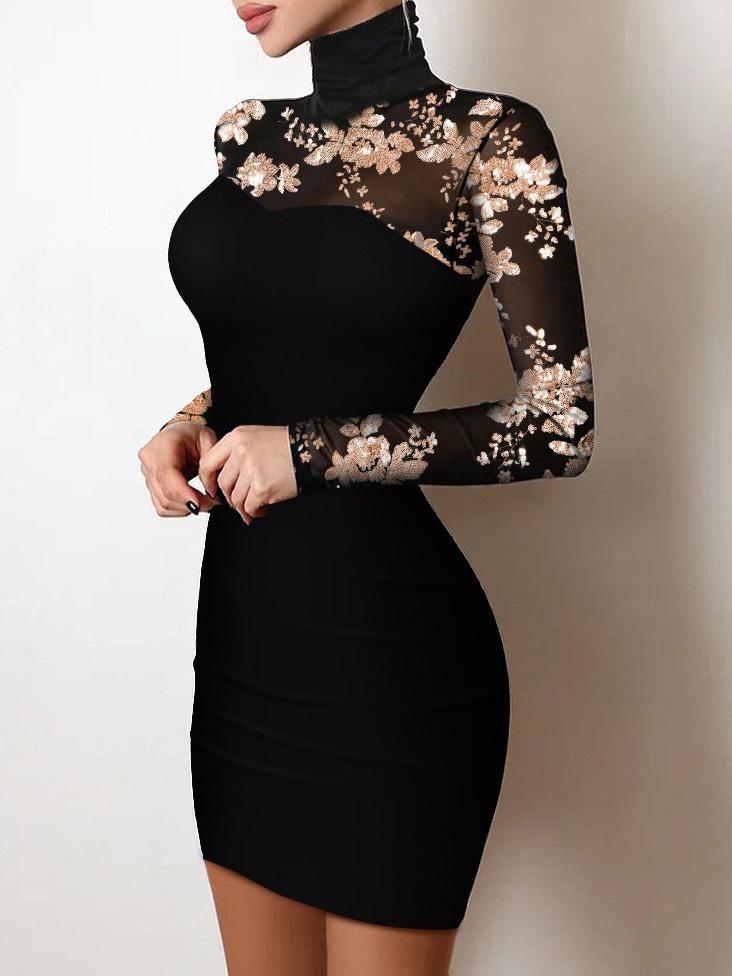 Women's Dresses High-Neck Lace Stitching Long Sleeve Tight Dress - Mini Dresses - Instastyled | Online Fashion Free Shipping Clothing, Dresses, Tops, Shoes - 06/12/2021 - 20-30 - Bodycon Dresses