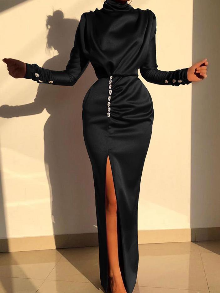 Women's Dresses High Neck Long Sleeve Water Drop Rhinestone Split Dress - Maxi Dresses - INS | Online Fashion Free Shipping Clothing, Dresses, Tops, Shoes - 23/09/2021 - 40-50 - color-black