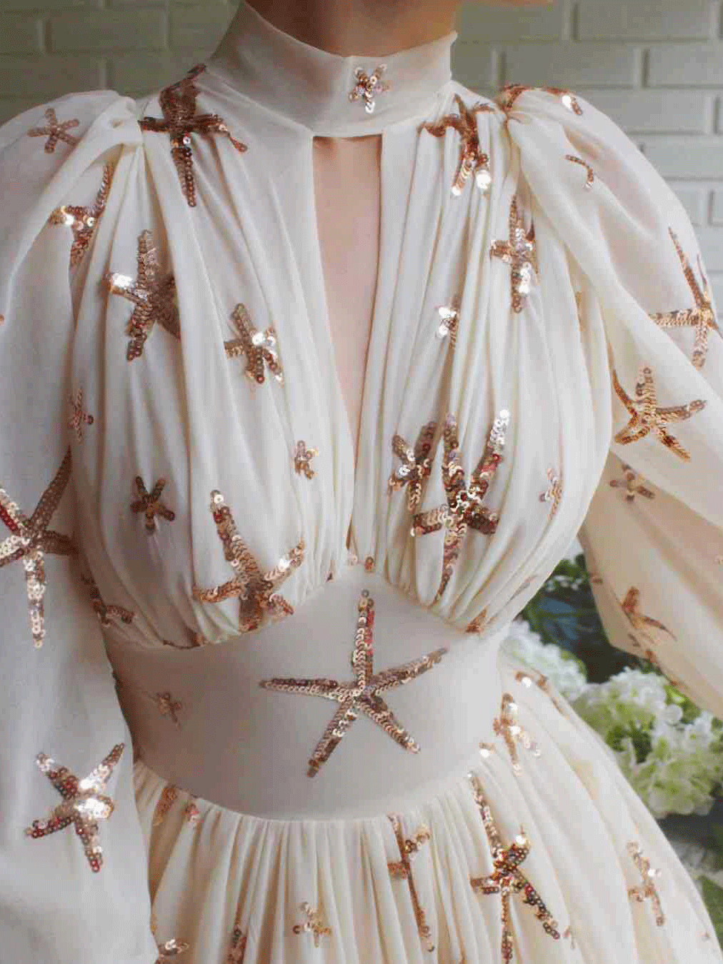 Women's Dresses High Neck Sequined Lantern Long Sleeve Slit Dress - Maxi Dresses - INS | Online Fashion Free Shipping Clothing, Dresses, Tops, Shoes - 20/11/2021 - Color_Beige - DRE2111202932