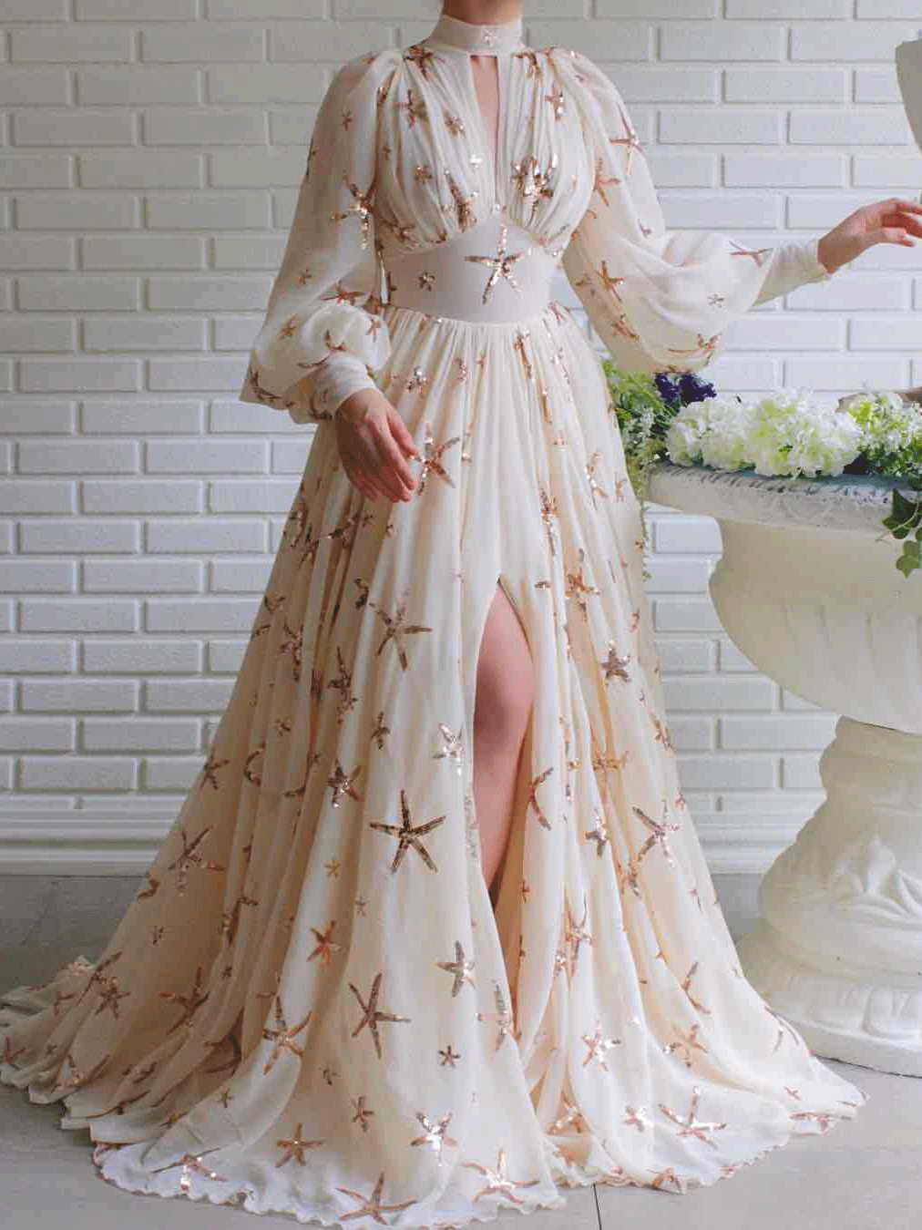 Women's Dresses High Neck Sequined Lantern Long Sleeve Slit Dress - Maxi Dresses - INS | Online Fashion Free Shipping Clothing, Dresses, Tops, Shoes - 20/11/2021 - Color_Beige - DRE2111202932