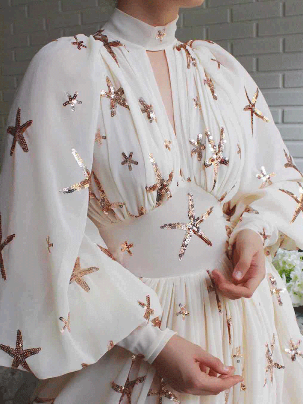 Women's Dresses High Neck Sequined Lantern Long Sleeve Slit Dress - Maxi Dresses - INS | Online Fashion Free Shipping Clothing, Dresses, Tops, Shoes - 20/11/2021 - Color_Beige - DRE2111202932