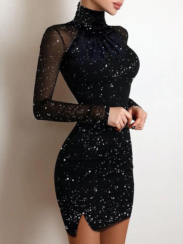 Women's Dresses High Neck Shiny Lace Long Sleeve Split Dress - Mini Dresses - Instastyled | Online Fashion Free Shipping Clothing, Dresses, Tops, Shoes - 15/12/2021 - 20-30 - Bodycon Dresses