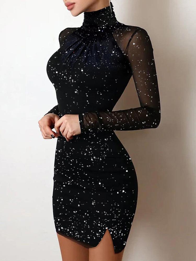 Women's Dresses High Neck Shiny Lace Long Sleeve Split Dress - Mini Dresses - Instastyled | Online Fashion Free Shipping Clothing, Dresses, Tops, Shoes - 15/12/2021 - 20-30 - Bodycon Dresses