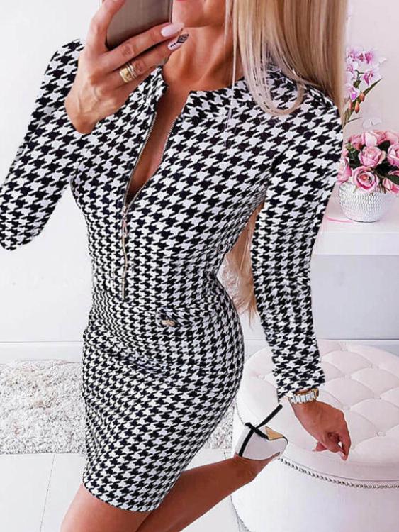 Women's Dresses Houndstooth Gera Chain Long Sleeve Mini Dress - Mini Dresses - INS | Online Fashion Free Shipping Clothing, Dresses, Tops, Shoes - 08/10/2021 - 20-30 - color-black