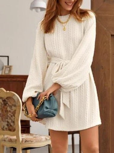 Women's Dresses Knit Crew Neck Long Sleeve Lace-Up Dress - Mini Dresses - Instastyled | Online Fashion Free Shipping Clothing, Dresses, Tops, Shoes - 07/02/2022 - 40-50 - color-white